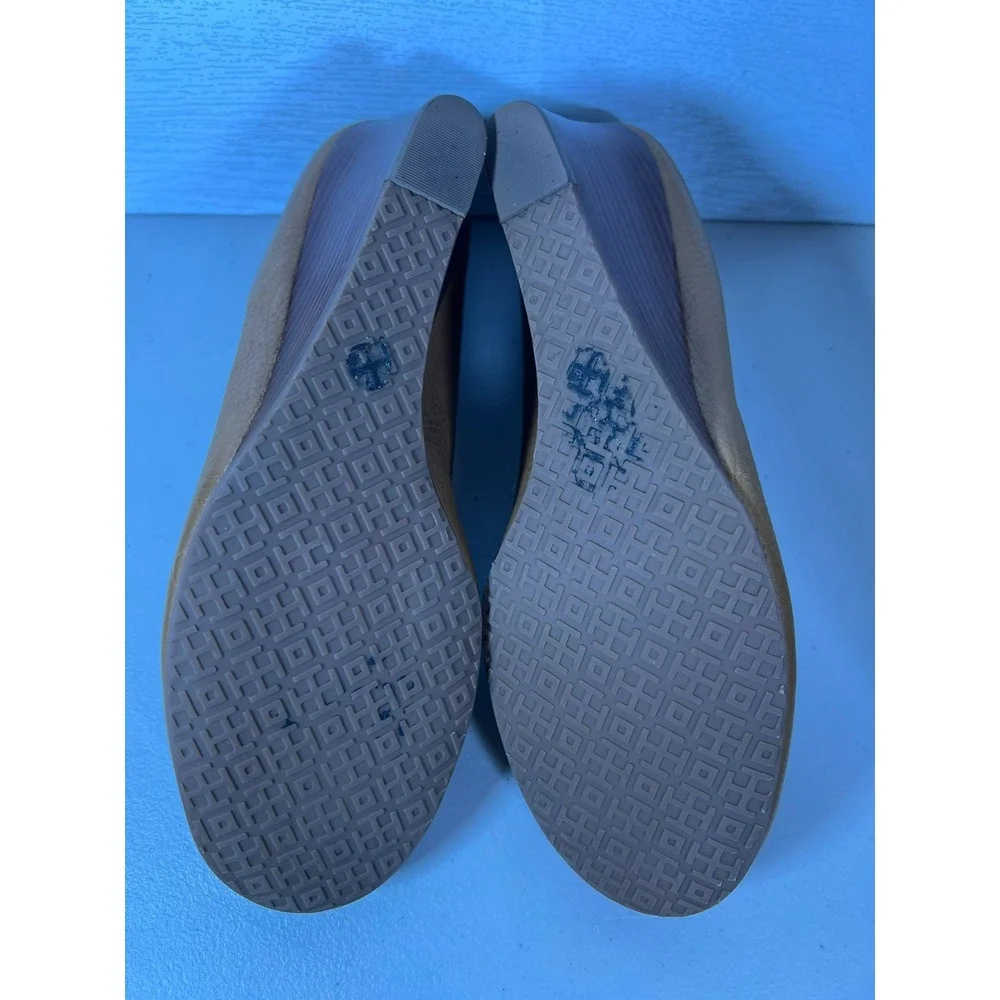 Tory Burch Peep Toe Sally Wedge Heels Pumps Gold Tan Size 9.5 M